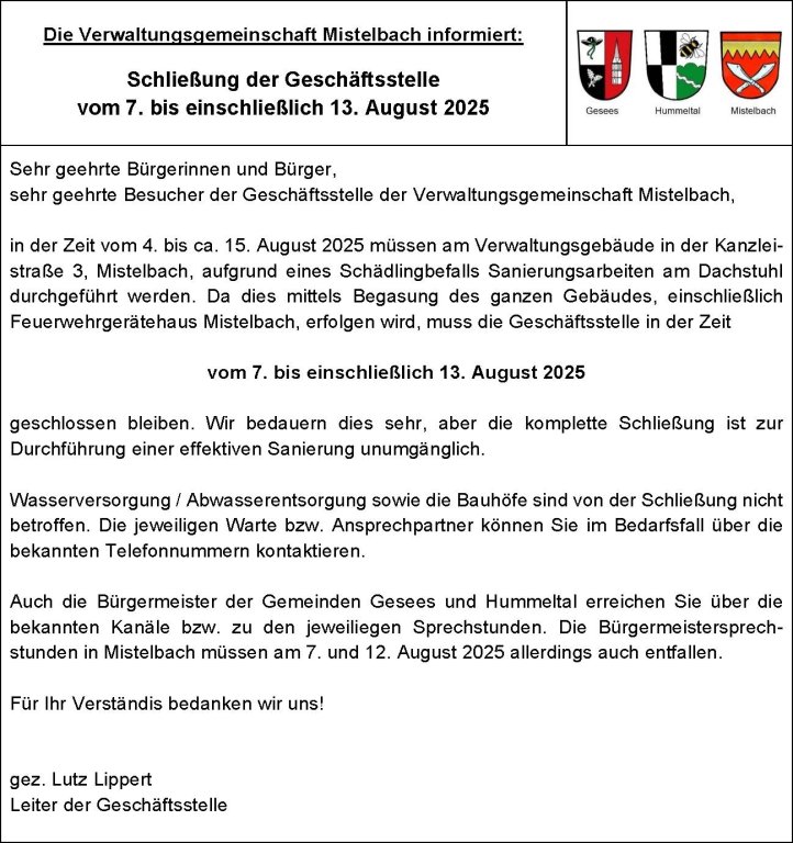Schließung der Geschäftsstelle